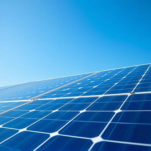 Gros plan de panneaux solaires reflétant le ciel bleu, illustrant l'énergie solaire.