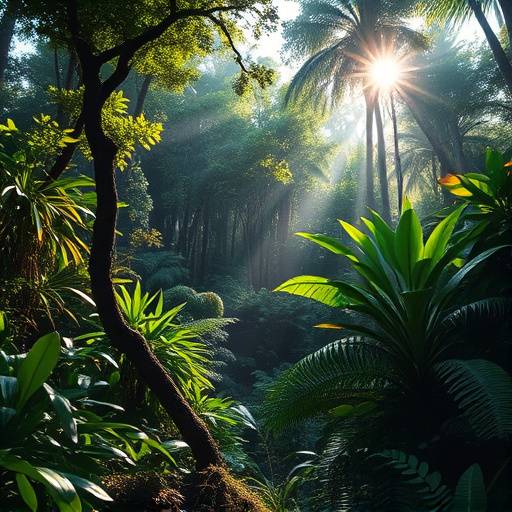 Image d'une forêt luxuriante avec une grande variété d'espèces végétales et animales, symbolisant la biodiversité menacée