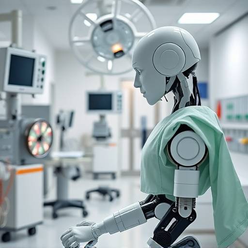 Un robot médical effectuant une tâche dans un hôpital moderne, entouré de personnel soignant